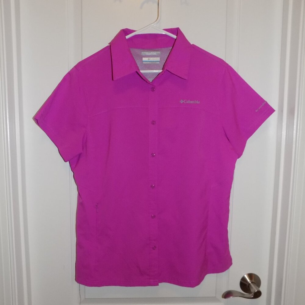 COLUMBIA Sportswear Button Up Shirt Omni Shade SPF Purple Pink Large Hiking Fish
